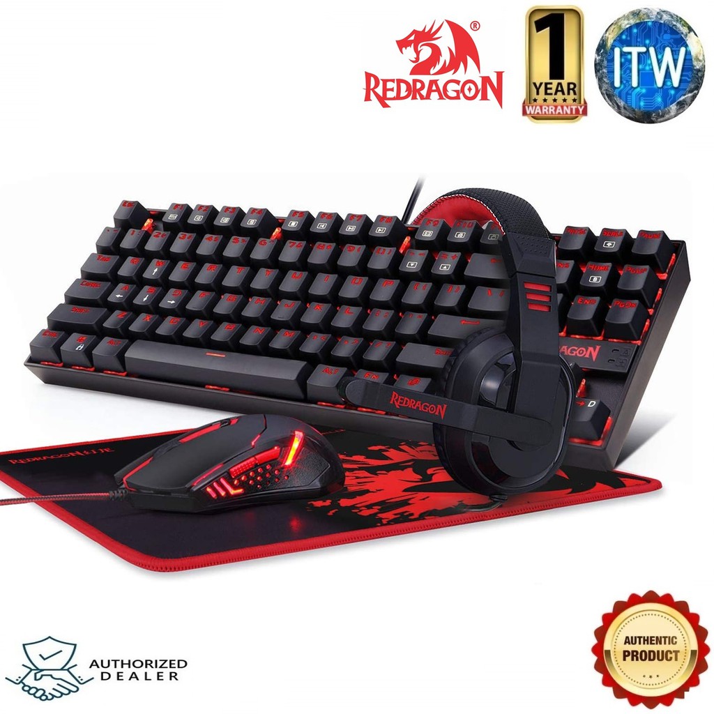 Redragon K552-BB-2  4 in1 Set Gaming Essentials Mechanical Gaming Keyboard and Mouse Combo &amp; Large Mouse Pad &amp; PC Gaming Headset with Mic, 87 Key RED LED Backlit Keyboard for Windows PC (Keyboard, Mouse, Headset Mousepad Set)
