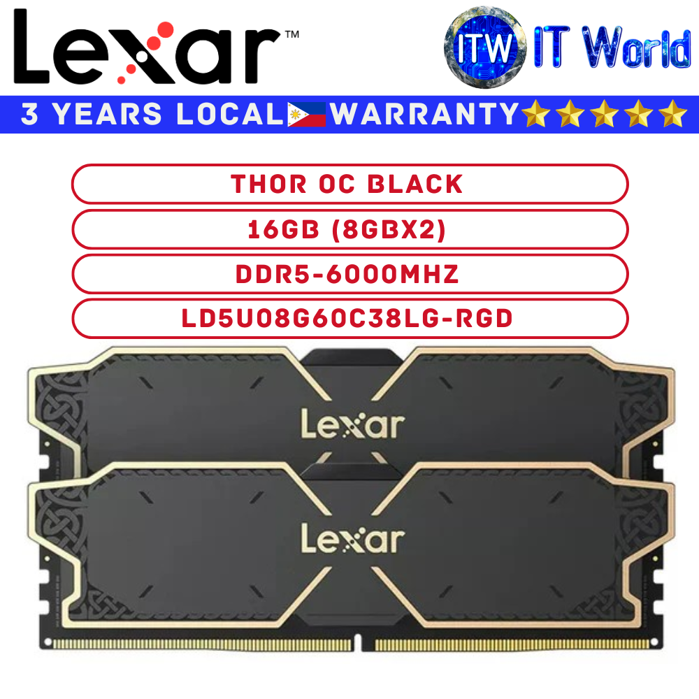 Lexar DDR5 16GB (8GBx2) 6000Mhz Thor OC Black UDIMM Desktop Memory (LD5U08G60C38LG-RGD)