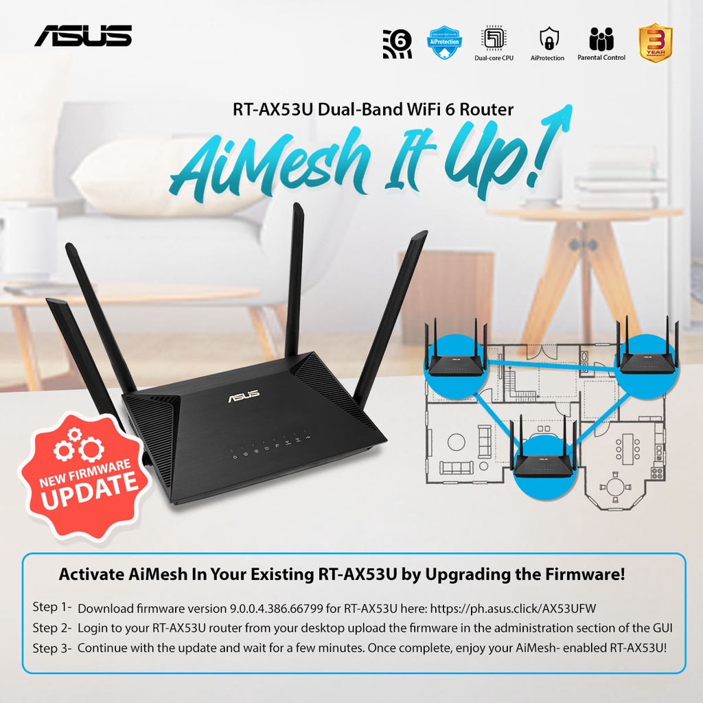 ASUS RT-AX53U (AX1800) Dual Band WiFi 6 Extendable Router, Subscription-free Network Security, Instant Guard, Parental Control, Built-in VPN, AiMesh Compatible, Gaming &amp; Streaming, Smart Home, USB