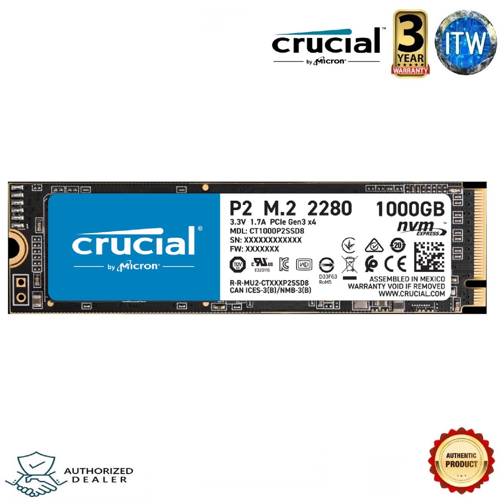 Crucial P2 1TB M.2 NVMe SSD 2280 3D NAND PCIe Gen3x4 Solid State Drive (CT1000P2SSD8)