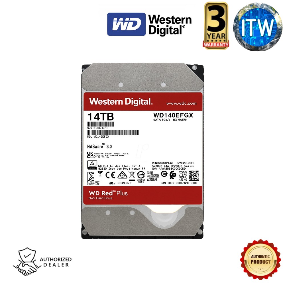 ITW | Western Digital Red Plus 14TB NAS Hard Drive 3.5&quot; SATA 6Gb/s 7200RPM (WD140EFGX-68B0GN0)