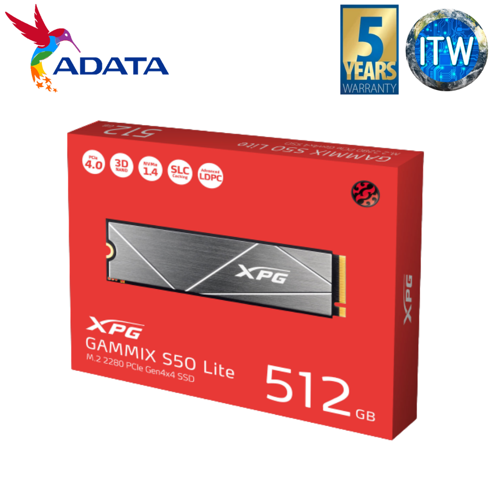 ADATA XPG GAMMIX S50 Lite | 512GB | PCIe Gen4x4 M.2 2280 | Solid State Drive (AGAMMIXS50L-512GB-CS)