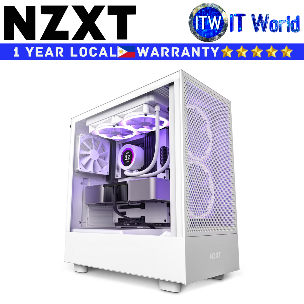 NZXT Computer PC Case H5 Flow Compact Mid-Tower Airflow Tempered Glass White (CC-H51FW-01)