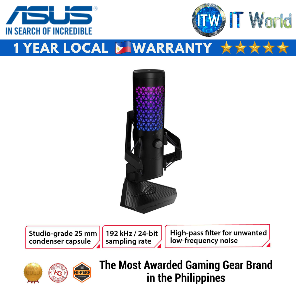 ASUS ROG Carnyx USB Gaming Microphone (25mm condenser capsule, 192kHz/24-bit, cardioid, high-pass filter, built-in pop filter, metal shock mount, one-touch mute, USB, Aura Sync RGB)- Black