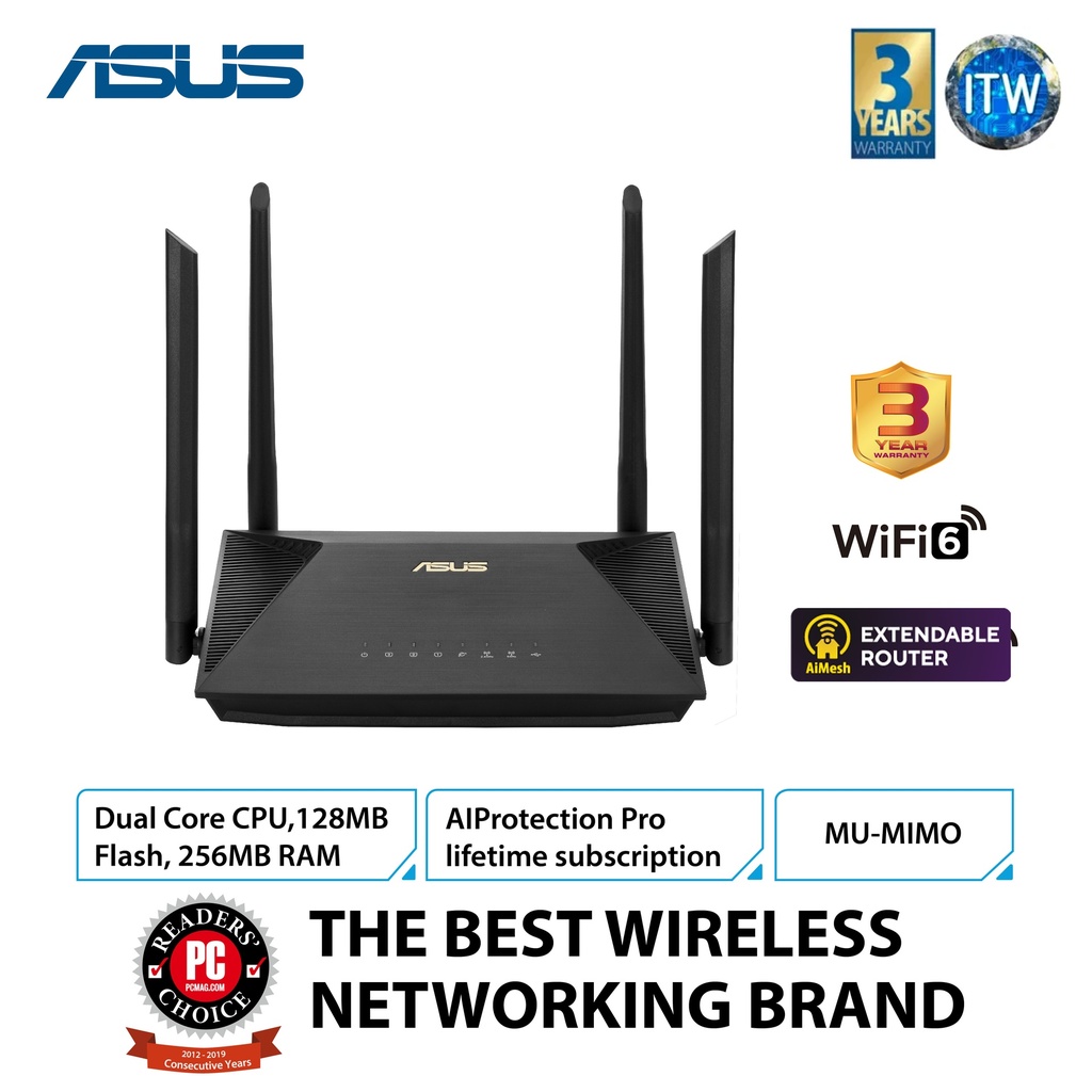 ASUS RT-AX53U (AX1800) Dual Band WiFi 6 Extendable Router, Subscription-free Network Security, Instant Guard, Parental Control, Built-in VPN, AiMesh Compatible, Gaming & Streaming, Smart Home, USB