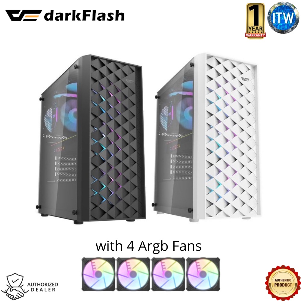 DarkFlash DK351 - Tempered Glass Mid-Tower Gaming Case w/4pcs argb fans - Black &amp; White Edition