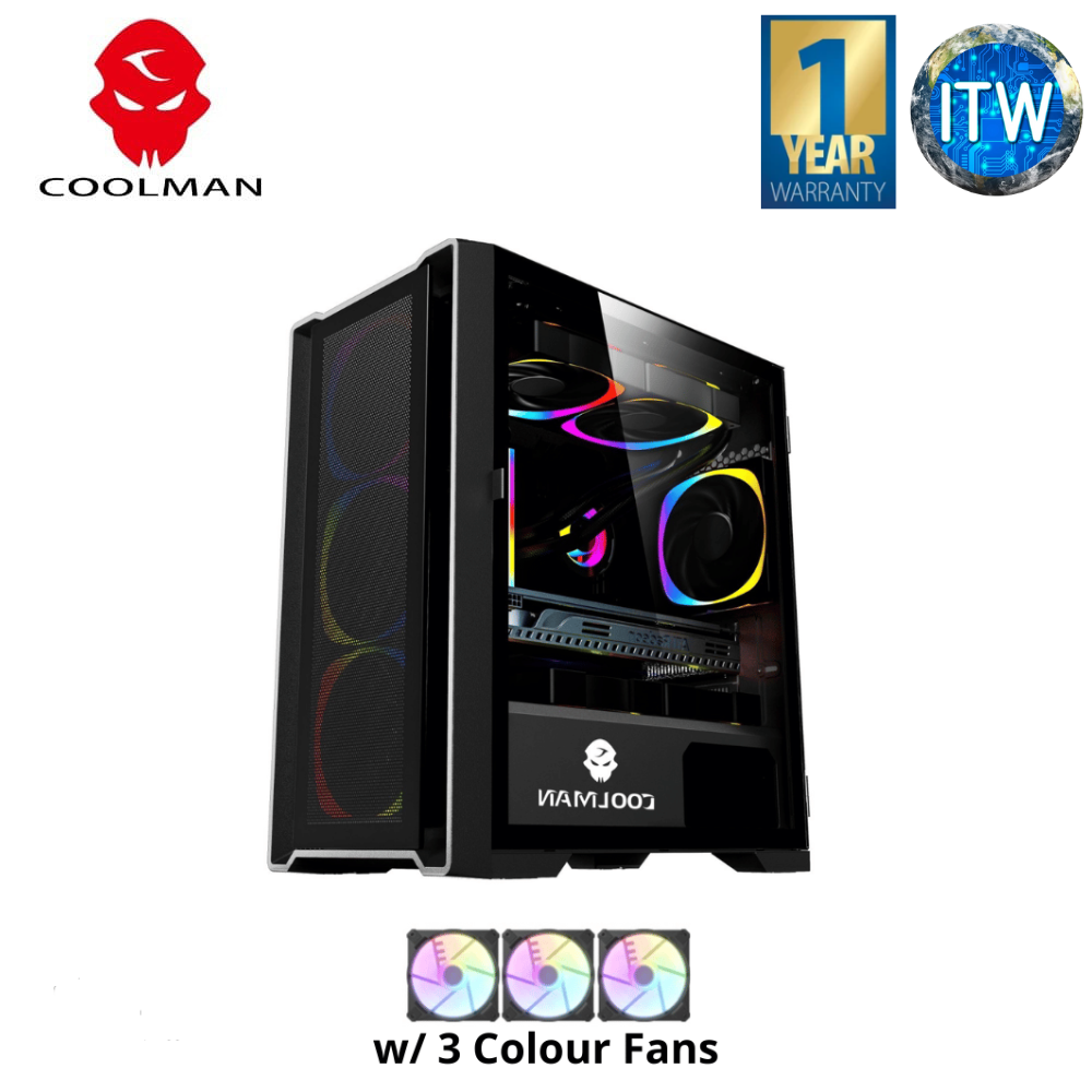 Coolman Ruby with 3 Colour Fans Tempered Glass PC Case - Black