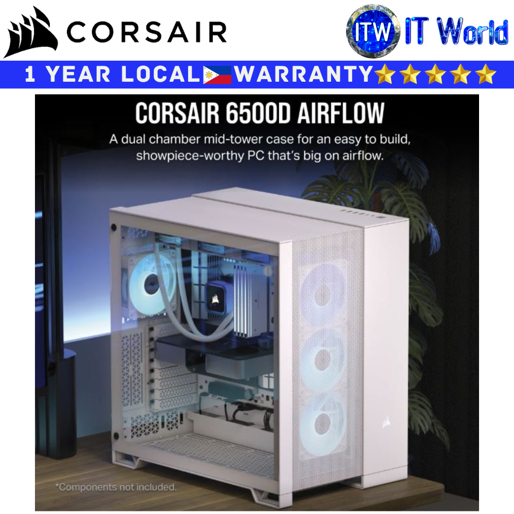 Corsair Computer PC Case 6500D Airflow Mid-Tower Dual Chamber Tempered Glass White (CS-CC-9011260-WW)
