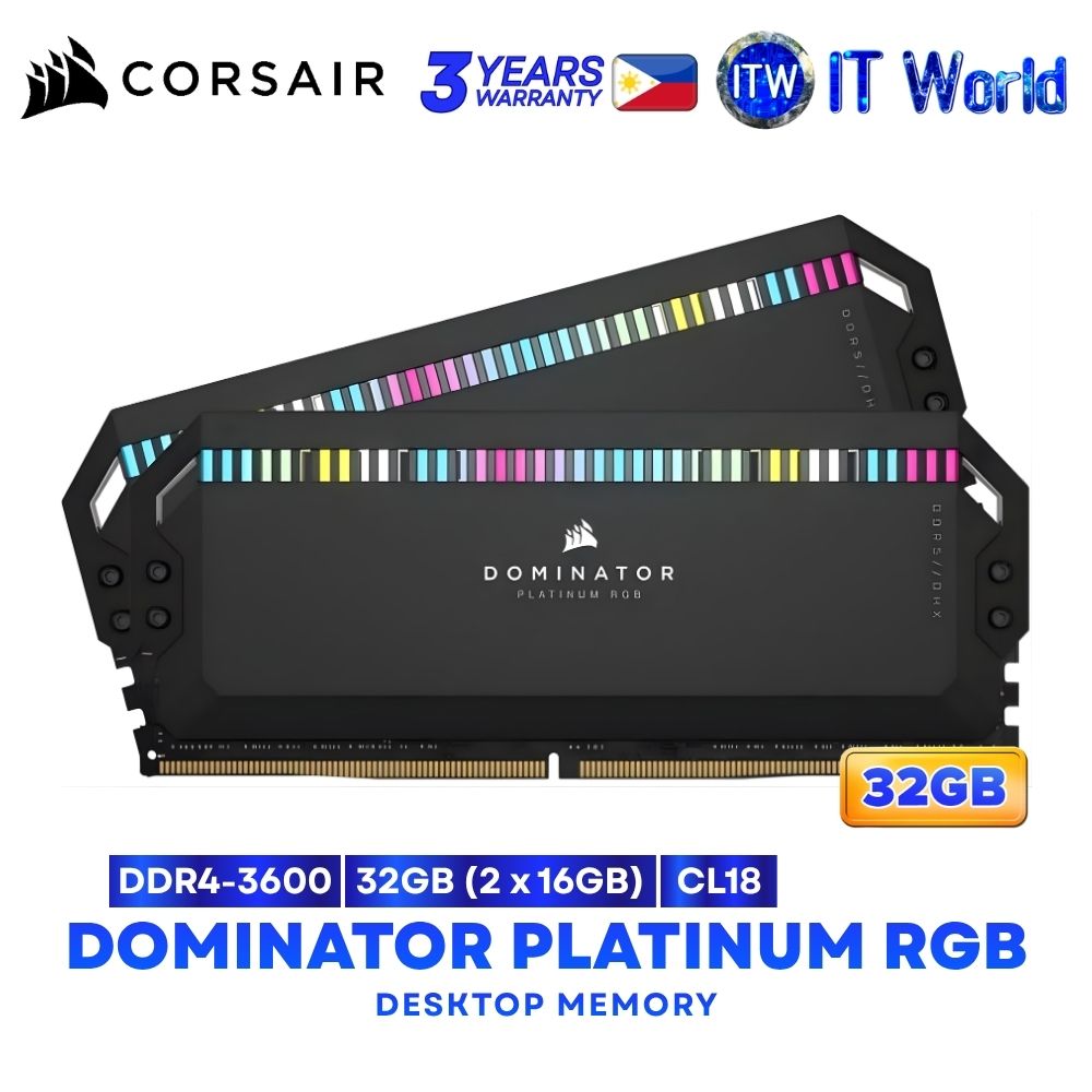 Corsair DDR4 RAM 32GB (2x16GB) 3600Mhz Dominator Platinum RGB Black RAM (CMT32GX4M2D3600C18)