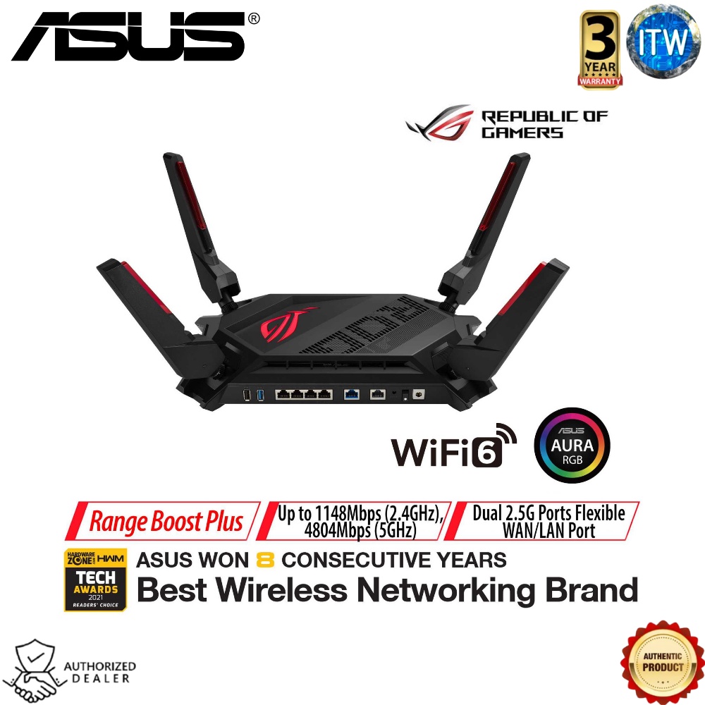ASUS ROG Rapture GT-AX6000 Dual-Band WiFi 6 Extendable Gaming Router, Dual 2.5G Ports, Triple-level Game Acceleration, Mobile Game Mode, Aura RGB, Subscription-free Network Security, AiMesh Compatible