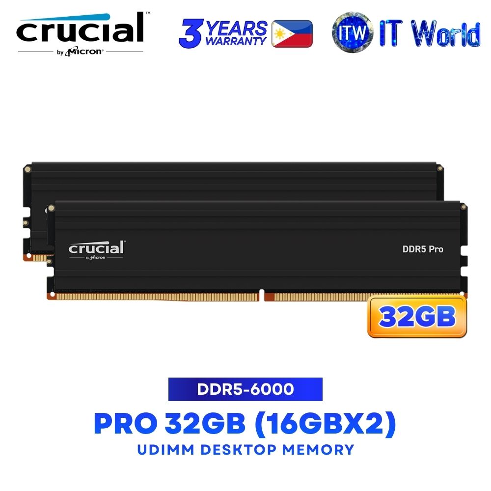Crucial Pro 32GB (16GBx2) DDR5-6000 Dual Kit UDIMM Desktop Memory Black - CP2K16G60C48U5