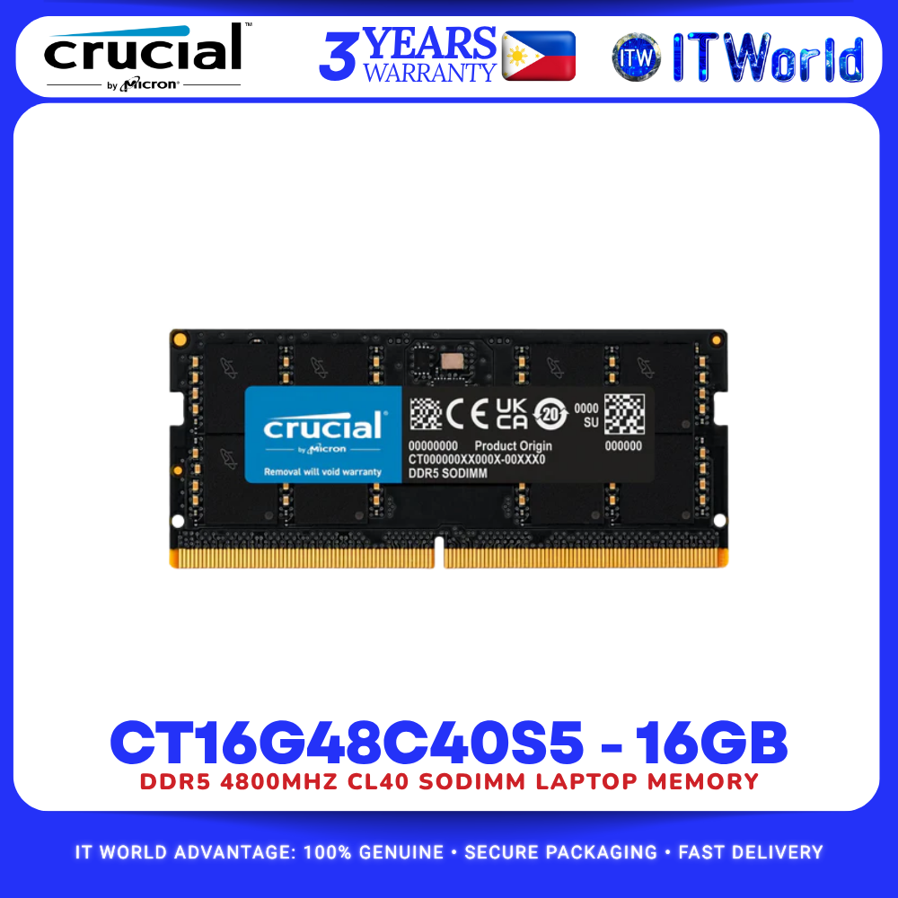 Crucial CT16G48C40S5 DDR5 RAM 16GB 4800MHz CL40 SODIMM Laptop Memory