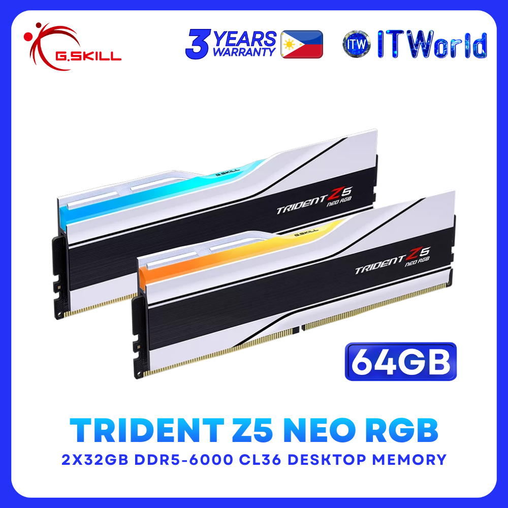 G.Skill DRR5 RAM 64GB (32GBx2) 6000Mhz Trident Z5 Neo RGB Memory (F5-6000J3636F32GX2-TZ5NRW) | itw