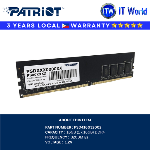 [PSD416G32002] Patriot Signature DDR4 16GB 3200MHz UDIMM Desktop High-Speed Memory RAM (PSD416G32002) | itw