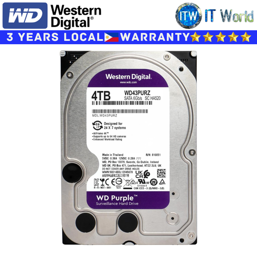[WD43PURZ 4TB] Itw | Western Digital Hard Drive HDD 4TB 3.5-inch 256MB Cache SATA Internal (WD43PURZ)