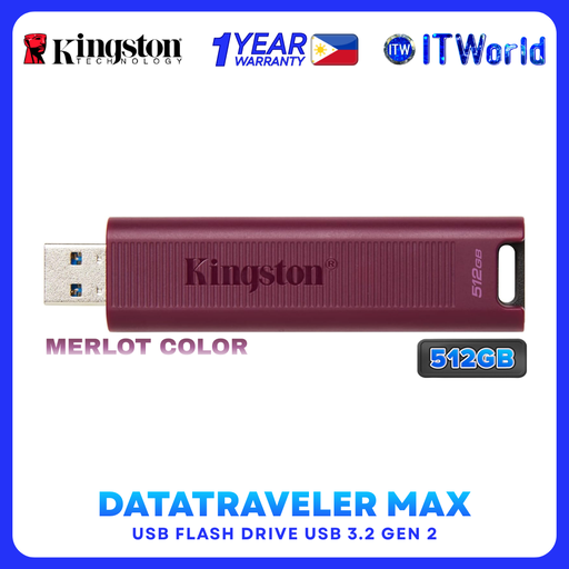 [DTMAXA/512GB] Kingston DataTraveler Max Merlot Color Series – USB-A Flash Drive, USB 3.2 Gen 2 DTMAXA/512GB