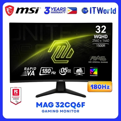 [MAG 32CQ6F (9S6-3DC91M-019)] MSI MAG 32CQ6F - 31.5" 2560x1440 WQHD / 180Hz / Rapid VA / 0.5ms GTG / 1500R Curved Gaming Monitor