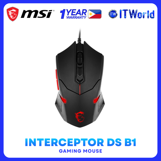 [Interceptor DS B1 Gaming Mouse] MSI Interceptor DS B1 – USB 2.0, Red LED Light, Optical Wired USB Gaming Mouse - Black