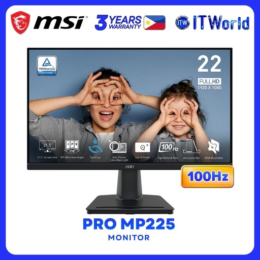 [PRO MP225] MSI PRO MP225 - 21.5" 1920x1080 FHD / 100Hz / IPS / 1ms MPRT, 4ms GTG Business Productivity Monitor