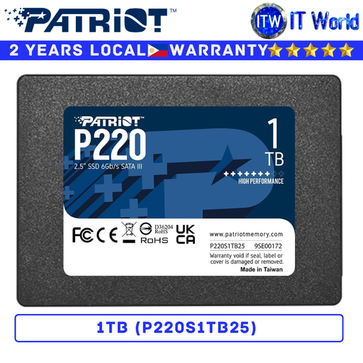 [P220S1TB25] Patriot 1TB SSD P220 2.5" SATA III 6Gb/s Read 550MB/s Write 500MB/s Internal (P220S1TB25)