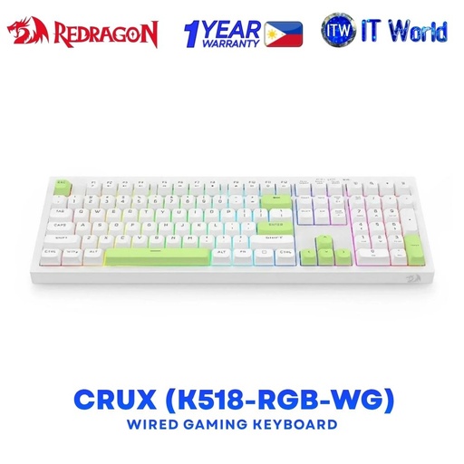 [RD K518-RGB-WG] Redragon K518 Crux 108 Keys 100% Layout Wired Membrane Gaming Keyboard White Green K518-RGB-WG