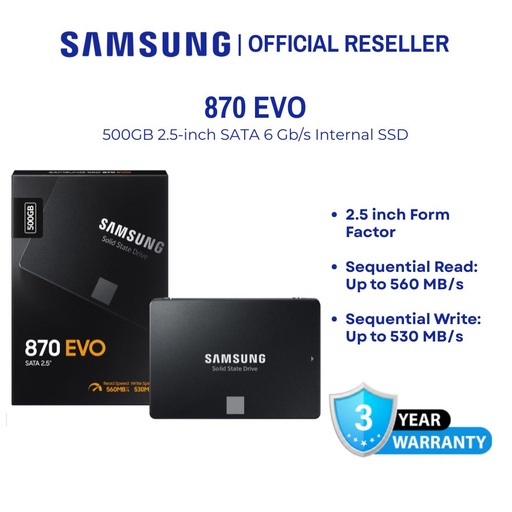 [MZ-77E500BW] Samsung 870 EVO 500GB 2.5-inch SATA 6Gb/s Internal SSD - MZ-77E500BW