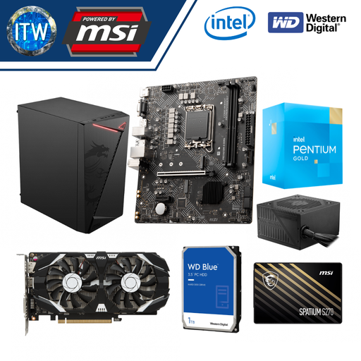[Intel Set 1] Intel® Pentium® Gold G7400, MSI Pro H610M-G DDR4, GeForce GTX 1050 Ti 4GT OCV1, MAG SHIELD M301, MAG A500DN, WD10EZEX, Spatium S270 240GB and 8gb 3200mhz Memory Bundle