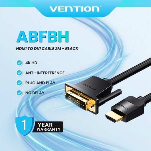 [ABFBH 2M] Vention ABFBH 2M 24K Gold-Plated Connector Stable Transmission HDMI to DVI Cable - Black