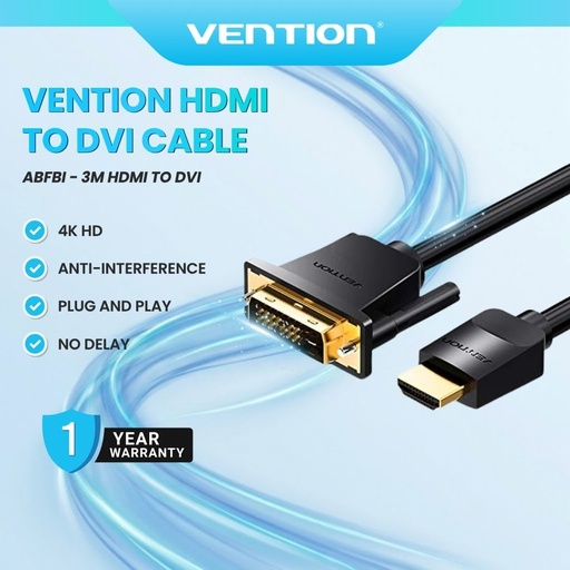 [ABFBI 3M] Vention Cable ABFB HDMI to DVI 24K Gold-Plated Connector (ABFBI 3M)