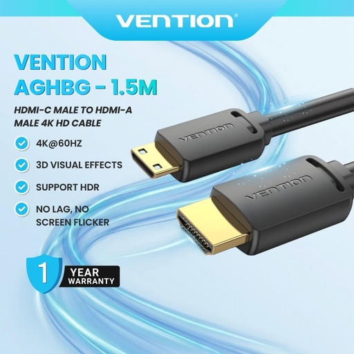 [AGHBG 1.5M] Vention AGHBG - 1.5M / Mini HDMI to HDMI Cable / 4K 60Hz / 18Gbps / Gold-Plated / Black itw