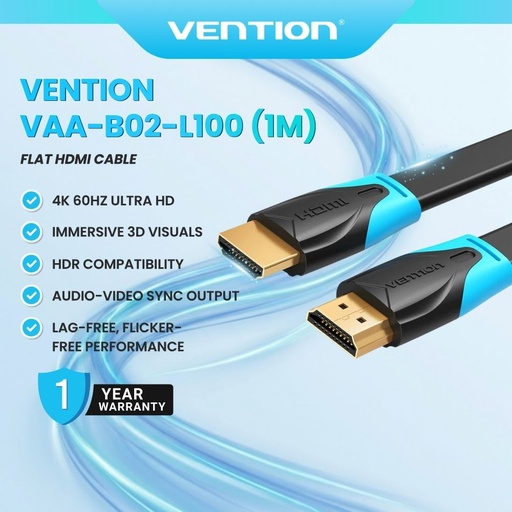 [VAA-B02-L100 1M] Vention Cable VAA-B02 Flat HDMI 4K For Laptop PS3/4 TV Box Black (VAA-B02-L100 1M)