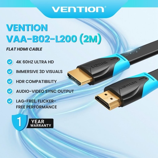 [VAA-B02-L200 2M] Vention VAA-B02-L200 2M Flat HDMI Cable - 4K 60Hz / HDR / Ultra HD / Black