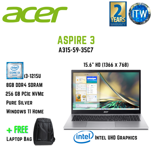 [A315-59-35C7] Acer Aspire 3 Intel Core i3-1215U | 8GB RAM | 256GB SSD Notebook Laptop ITWorld (A315-59-35C7)