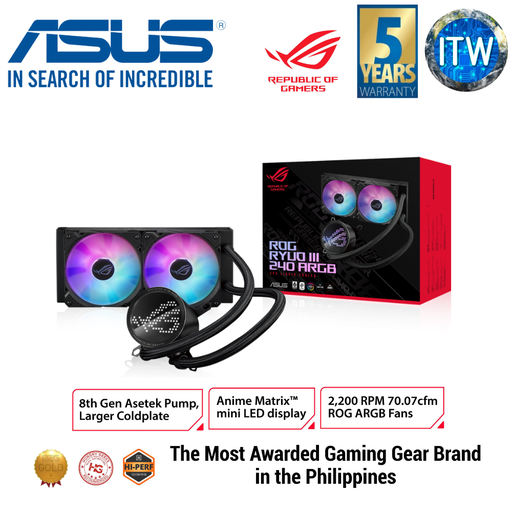 [ROG RYUO III 240 ARGB] ASUS ROG Ryuo III 240 all-in-one CPU liquid color with Asetek 8th gen pump solution, Anime Matrix™ LED Display and ROG ARGB cooling fans