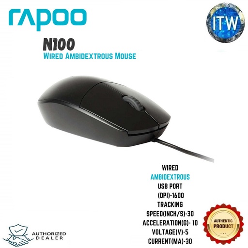 [N100 BLACK] RAPOO N100 Optical Mouse BLACK with 1600DPI