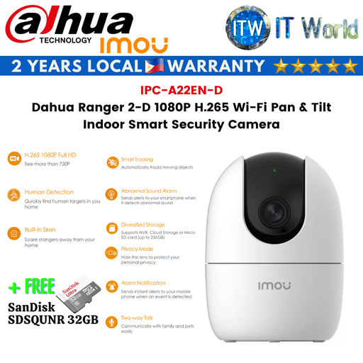 [IPC-A22EN-D] Itw | Dahua Imou Ranger 2-D 1080P H.265 Wi-Fi Pan &amp; Tilt Indoor Smart Security Camera (IPC-A22EN-D)
