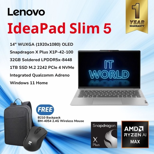 [14Q8X9 83HL002VPH] Lenovo IdeaPad Slim 5 14" Laptop - Snapdragon X Plus / 32GB  / 1TB / OLED 14Q8X9 83HL002VPH