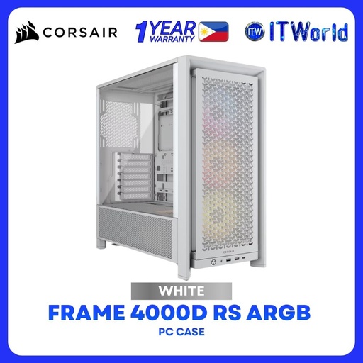 [CS-CC-9011297-WW] Corsair Frame 4000D RS ARGB Modular Mid-Tower Tempered Glass PC Case - White CS-CC-9011297-WW