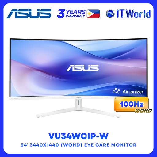 [VU34WCIP-W] ASUS VU34WCIP-W 34" 3440x1440 (WQHD) 100Hz Curved USB-C 65W Eye Care+ Air Ionizer Monitor