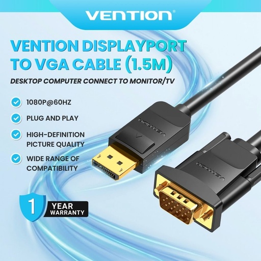 [HBLBG] Vention HBLBG DisplayPort to VGA Cable - 1080P 60Hz / Gold-Plated / DP / Male / VGA