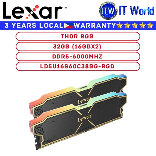 [LD5U16G60C38BG-RGD] Itw | Lexar DDR5 RAM 32GB (16GBx2) 6000Mhz Thor RGB UDIMM Desktop Memory (LD5U16G60C38BG-RGD)