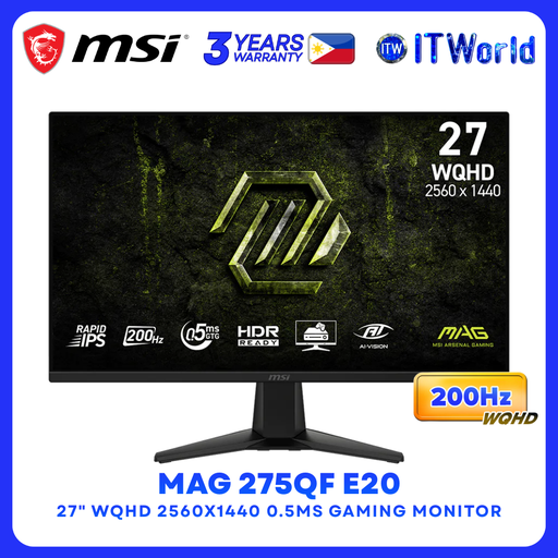 [MAG-275QF-E20] MSI MAG 275QF E20 27" 2560 x 1440 (WQHD) Rapid IPS 200Hz 0.5ms Gaming Monitor