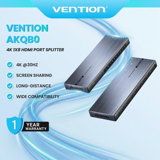 [AKQB0] Vention AKQB0 HDMI Splitter - 1x8 / 4K 30Hz / Aluminum / Black / DC Power