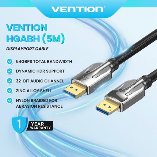 [HGABJ] Vention HGABJ 5M DisplayPort 2.1 able - 54Gbps / 16K-30Hz / 4K-240Hz / Gold-Plated