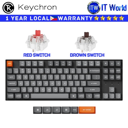 [K8M Black - A3 Brown Switch] Itw | Keychron Wireless Mechanical Keyboard K8 Max QMK White Backlight (Red | Brown Switch)