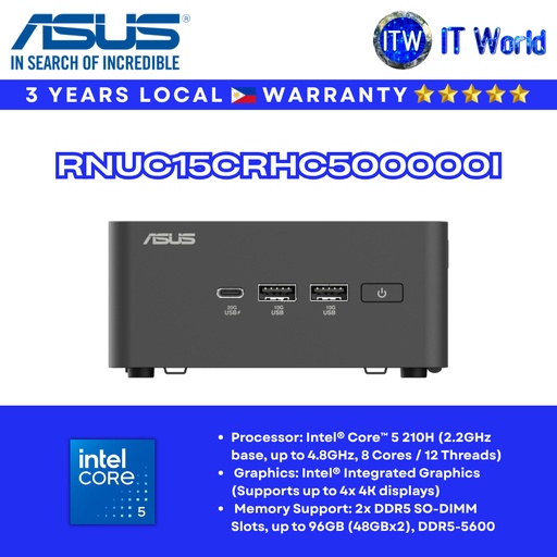 [RNUC15CRHC500000I] ASUS Mini PC NUC 15 Pro Barebone Intel Core 5 210H/Wifi 7/PCIe Gen5 ready (RNUC15CRHC500000I) | itw