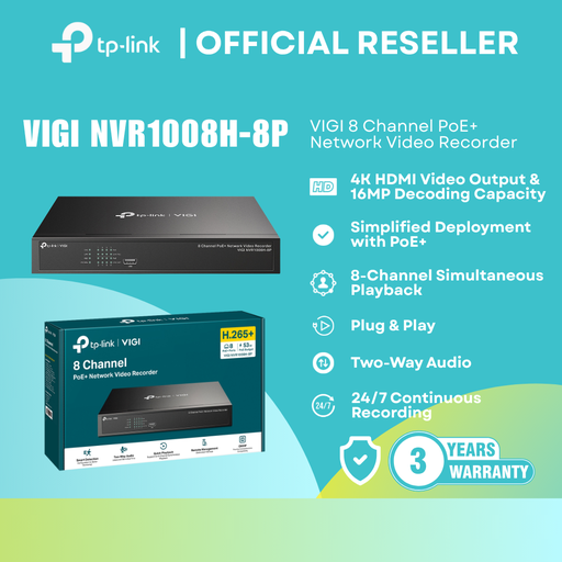 [NVR1008H-8P] TP-Link VIGI NVR1008H-8P V1 Network Video Recorder | 8CH PoE+ / 4K HDMI / H.265+ / 16TB Support | itw