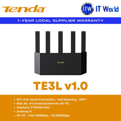[TE3L] Tenda TE3L Home Router Wi-Fi 7 BE3600 / WiFi+ Mesh / 3× Gigabit / 5 Antennas - (TE3L) | itw