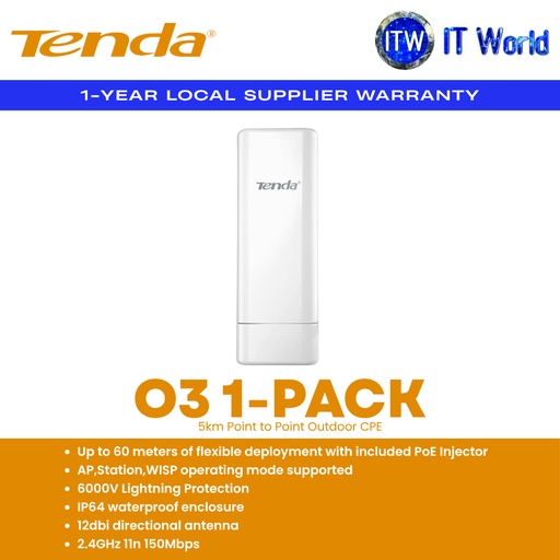 [O3] Tenda O3 Outdoor CPE 2.4GHz / 12dBi / Up to 5km / PoE / IP64 Waterproof (O3) | itw