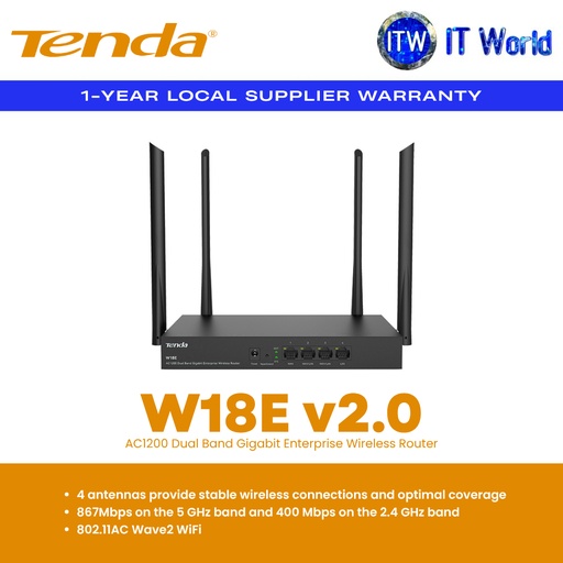 [W18E AC1200] Tenda Home Router W18E v2.0 AC1200 / Dual Band / Gigabit / VPN Support (W18E AC1200) | itw